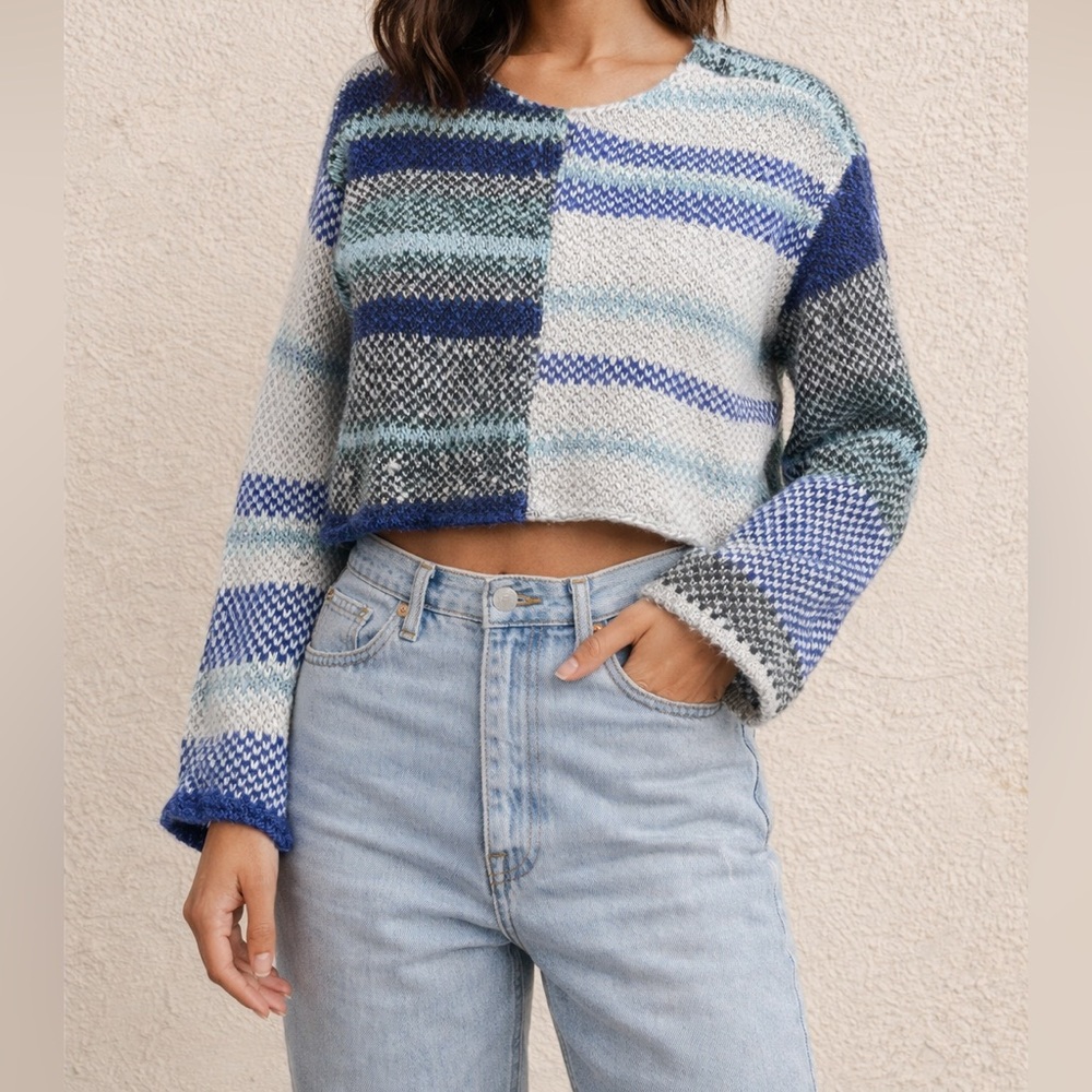 Sincerely Jules Cropped Knit Sweater Blue Green Stripe Size XS